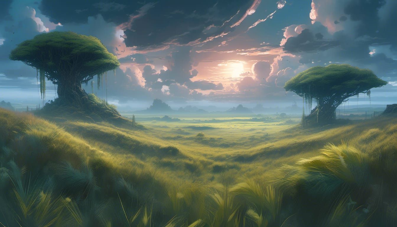 Eerie Psychedelic Grasslands in 3D Anime Style