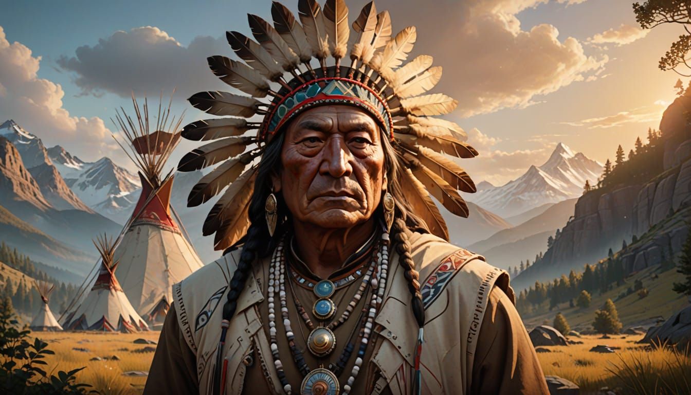 Sitting Bull in Traditional Regalia, Majestic Mountain Lands...