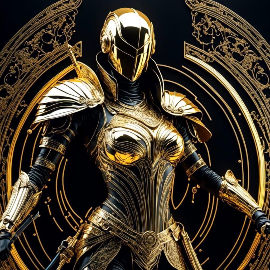 Female Cyborg Warrior Blueprint in Retro Synthwave Style