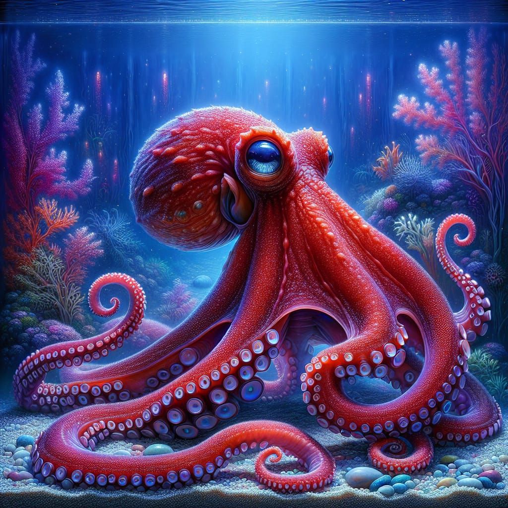 Enchanting Red Octopus in Aquarium as Post-Impressionist Art