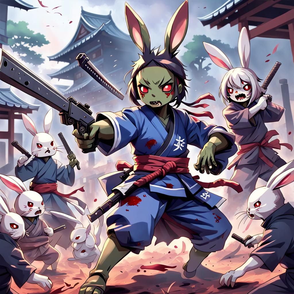 Zombie Samurai vs Ninja Rabbit Demons in Anime Style