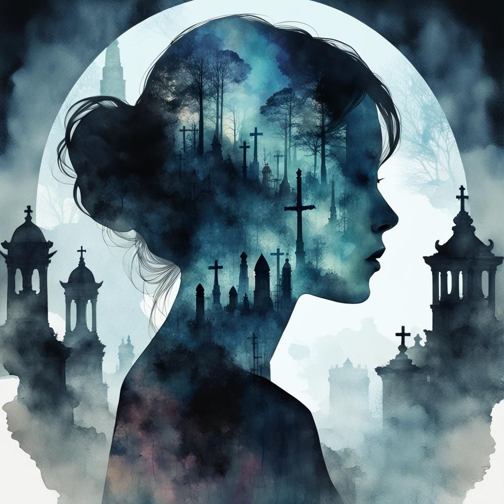 Ethereal Graveyard Double Exposure Portrait in Watercolor St...