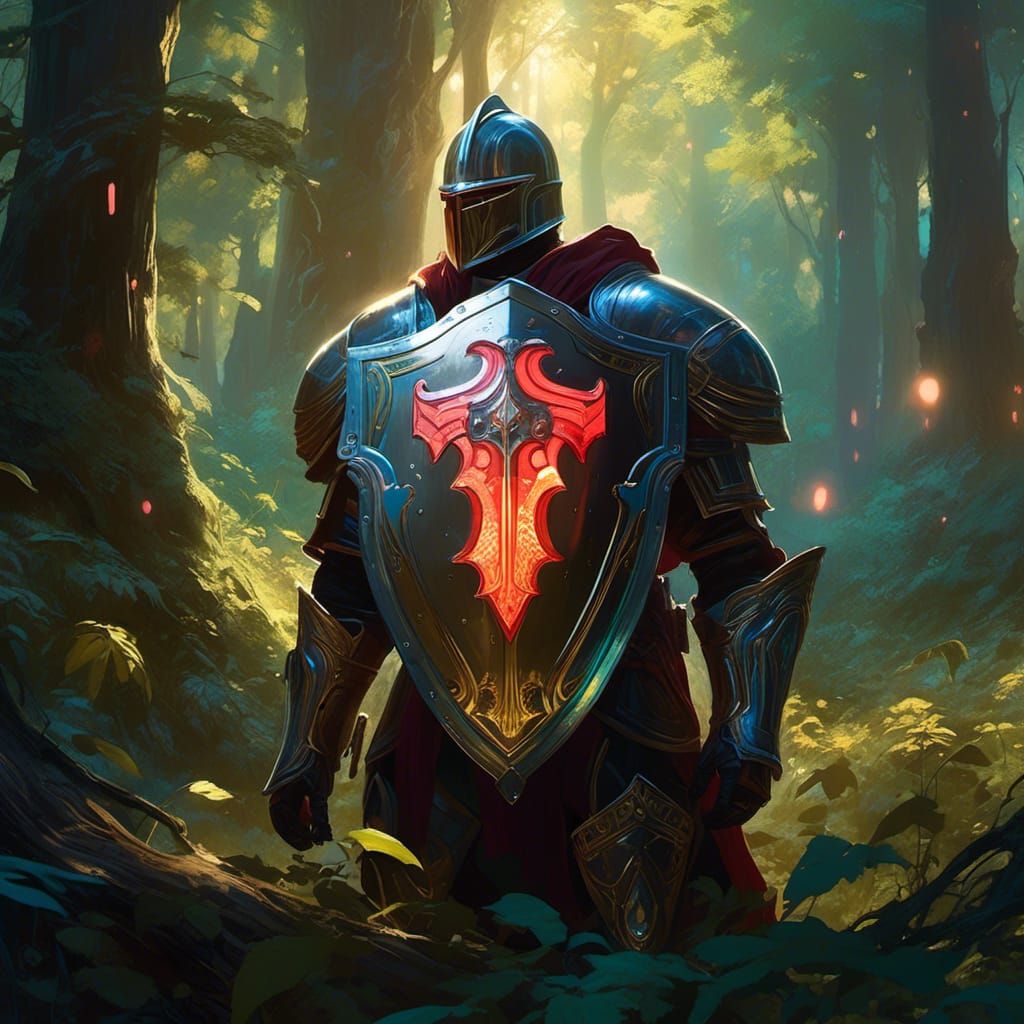 Elaborate Crusader Shield in Bioluminescent Forest