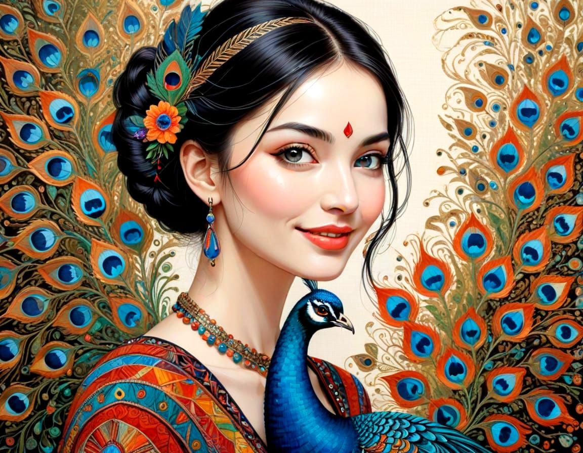 Vibrant Anime Portrait of a Woman with a Peacock in Intricat...