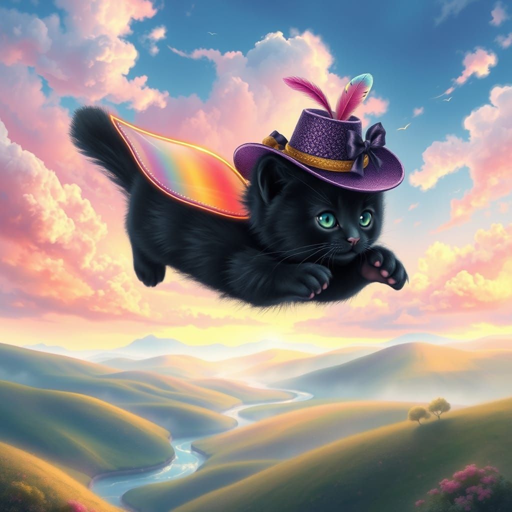 Whimsical Kitten Soars Through Cotton Candy Sky with Rainbow...
