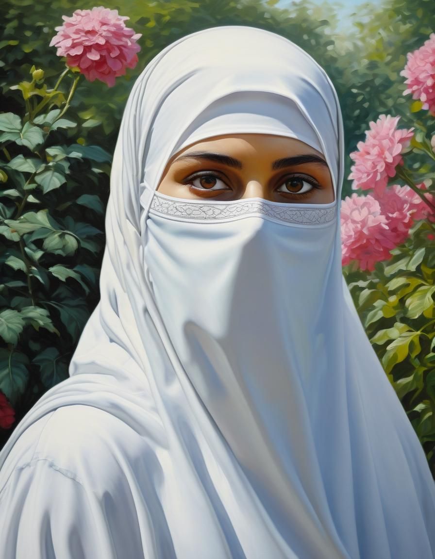 Oil Portrait of Niqabi Woman in Garden