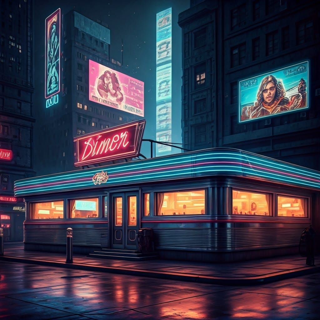50's style diner in a cyberpunk city