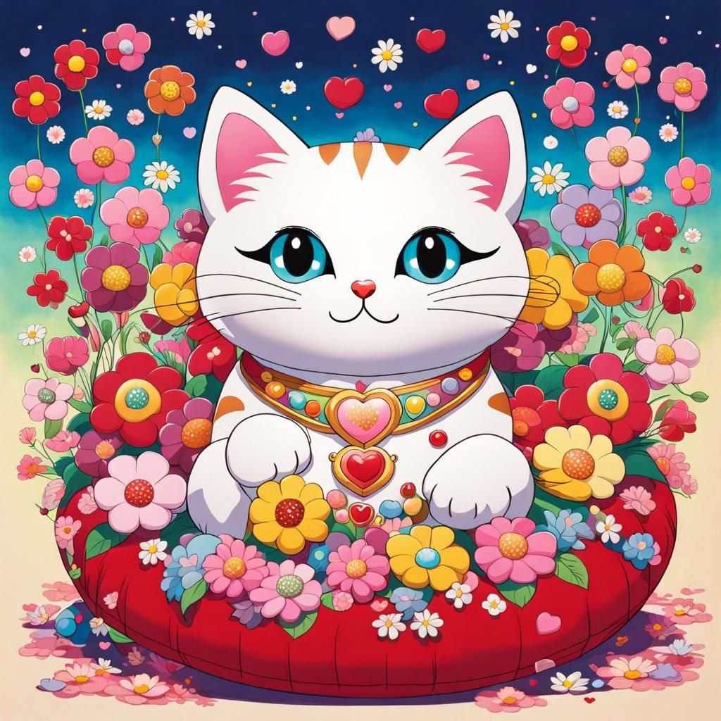 Cute Cat Surrounded by Flowers in Murakami Style