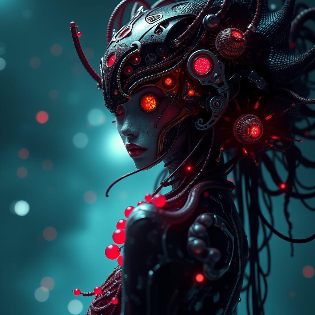 Dreamlike Japanese Kiwi-Woman in Dark Futuristic Biomechanic...