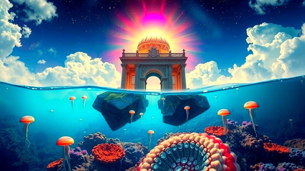 Ethereal Convergence of Temple and Ocean