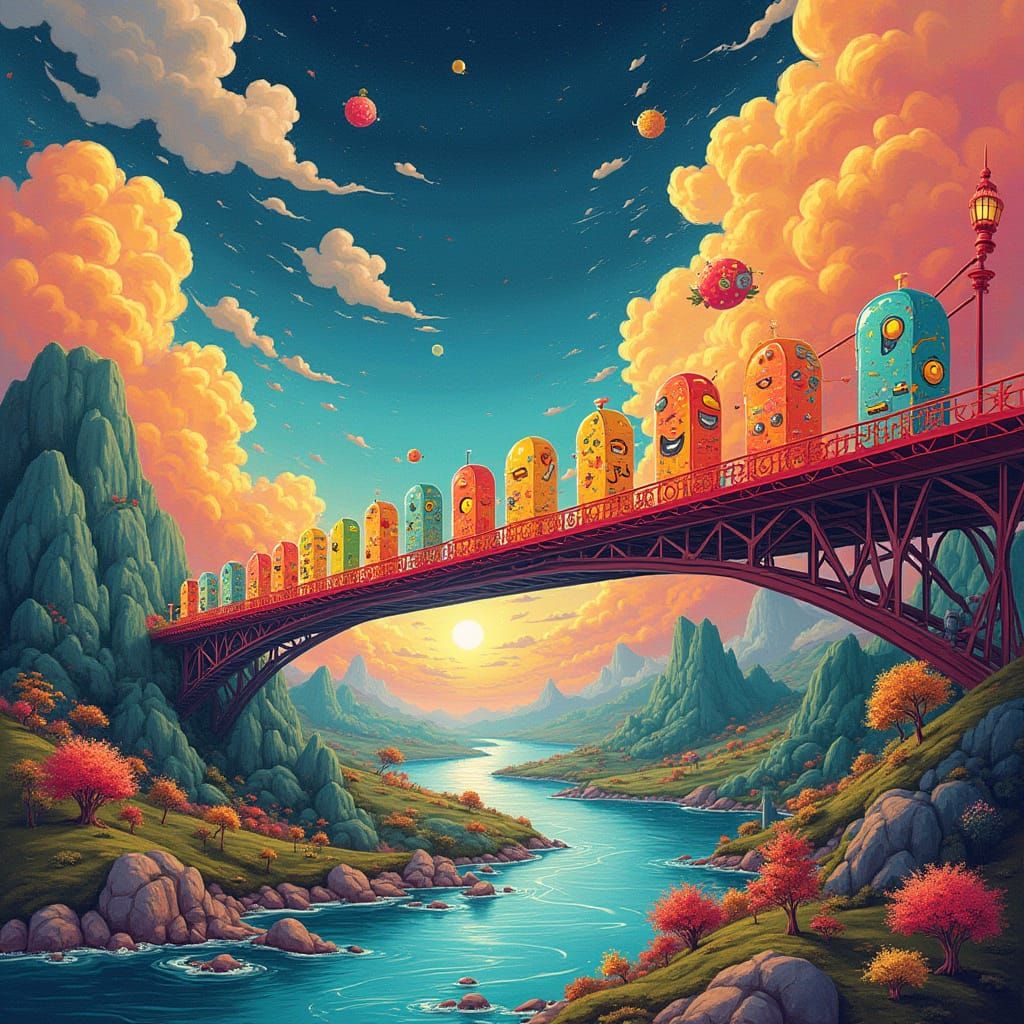 Surreal Bridge of Numbers and Logic Puzzles in Vibrant Color...
