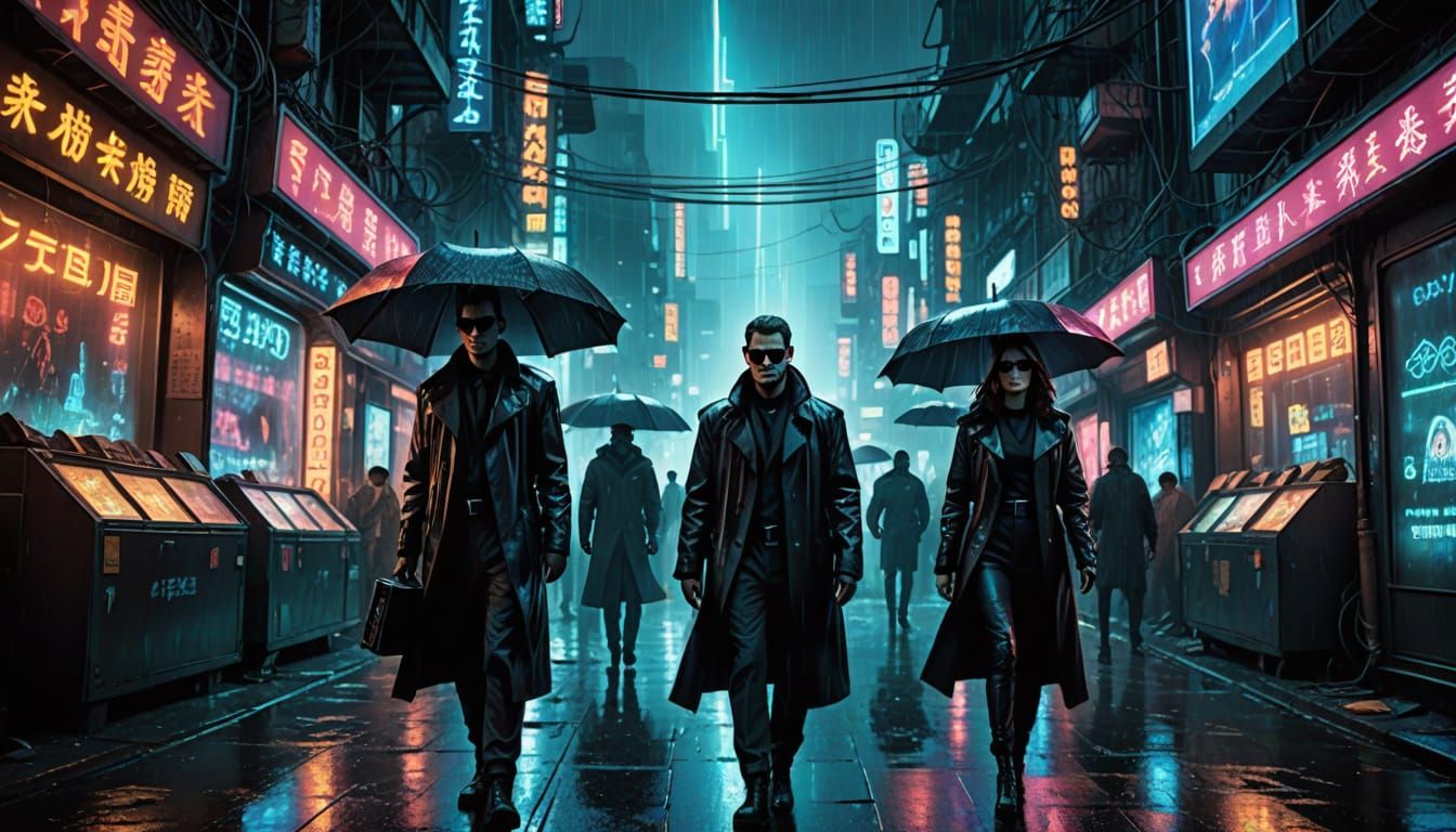 MIB Agents in Neon Alien Bazaar Under Futuristic City