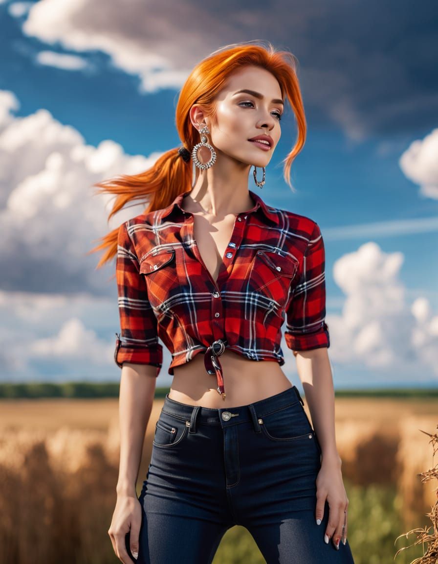 Woman with Orange Hair in Field: Photorealistic Portrait