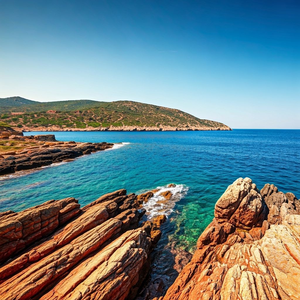 Marsa Island Coastline with Greek Ruins, Digital Painting