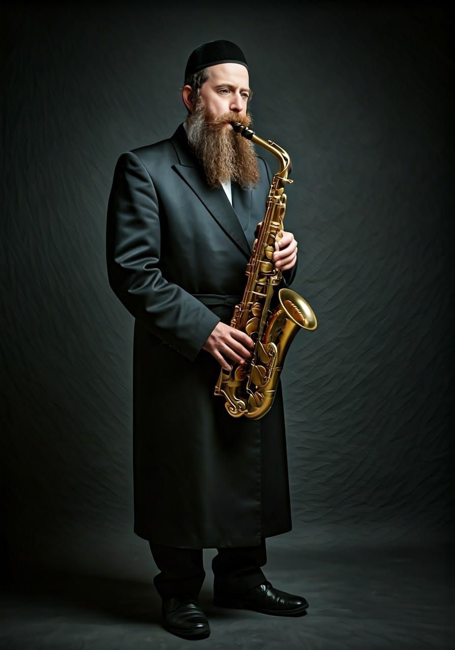 Bearded Man in Traditional Jewish Attire Plays Saxophone in ...