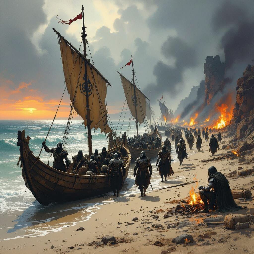 Scálig Warriors Land on Sandy Beach in Dark Fantasy Art