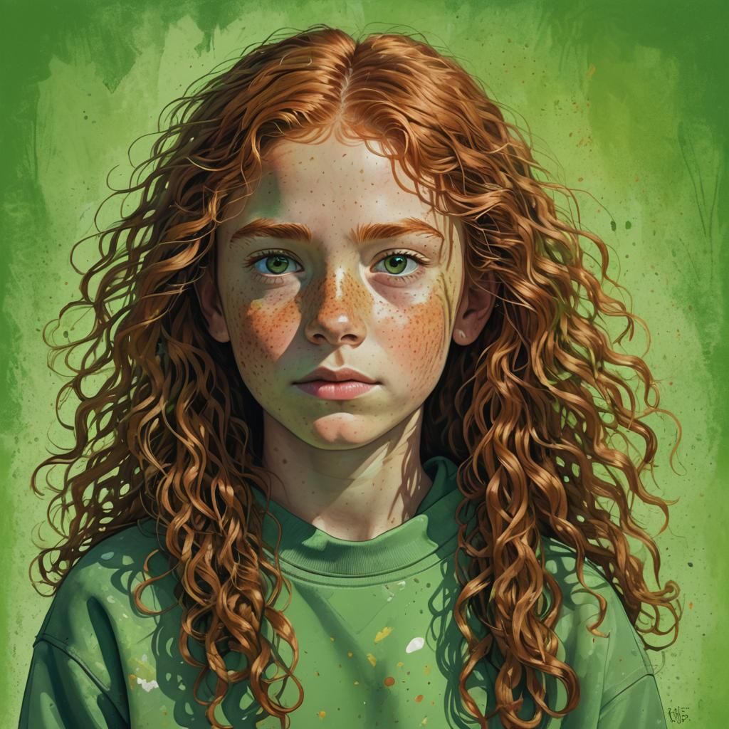 Red-haired Girl with Green Eyes, Fantasy Art Portrait