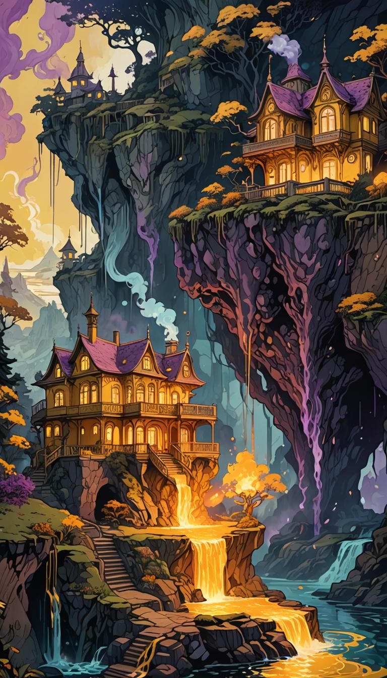 Impossible Cliffside House in Eldritch Art Nouveau Style