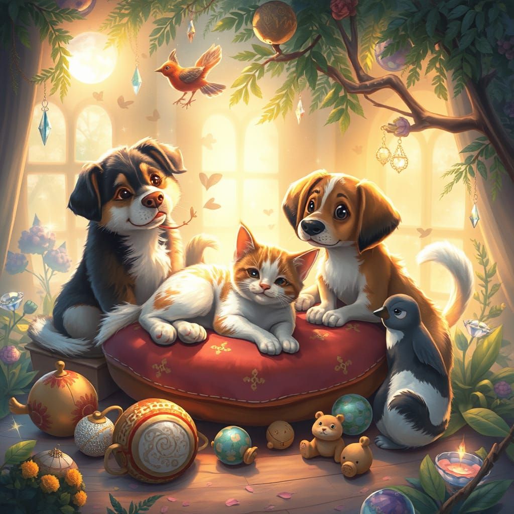 Whimsical Gathering of Loyal Companions in a Dreamlike Setti...