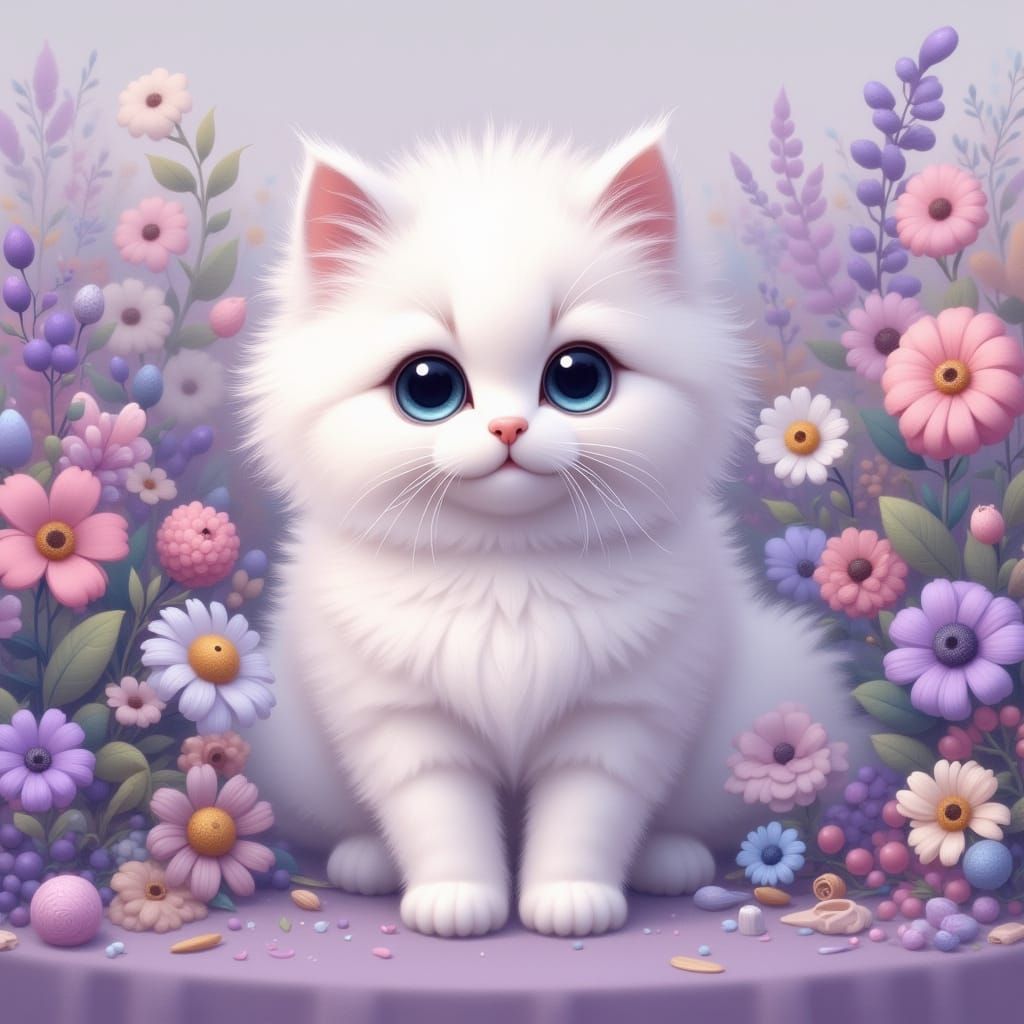 Surreal Pastel Kitten in a Garden of Soft Blooms