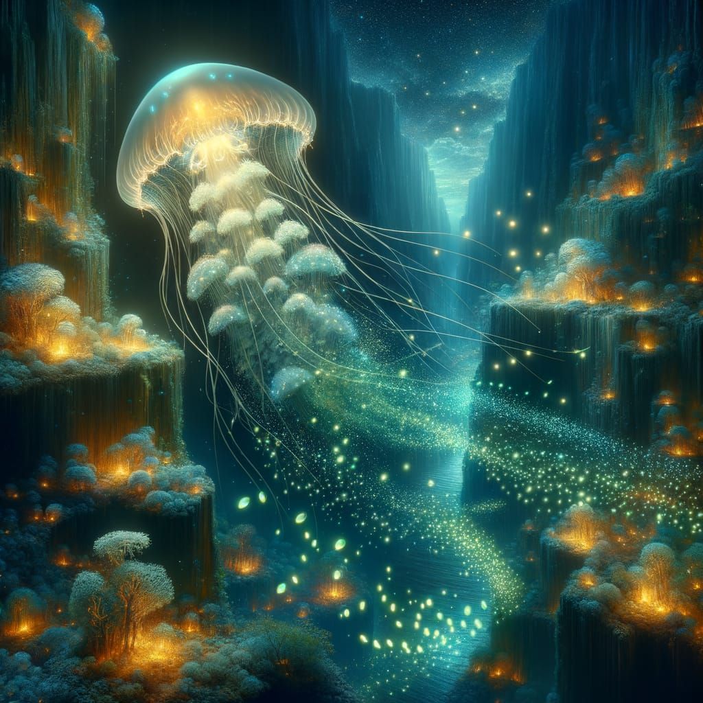 Bioluminescent Jellyfish Drifting Through Underwater Canyon