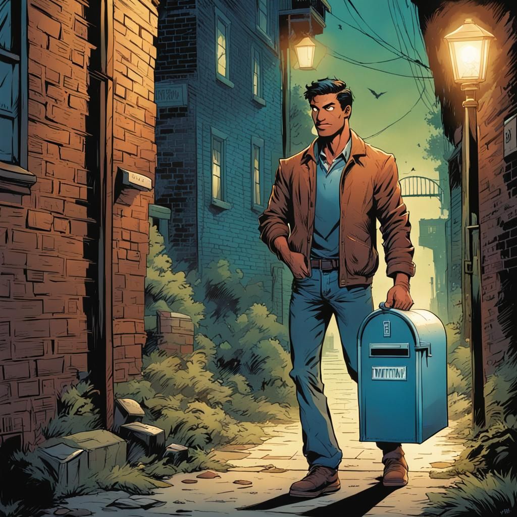 Man and Mailbox in Alley: Comic Book Art