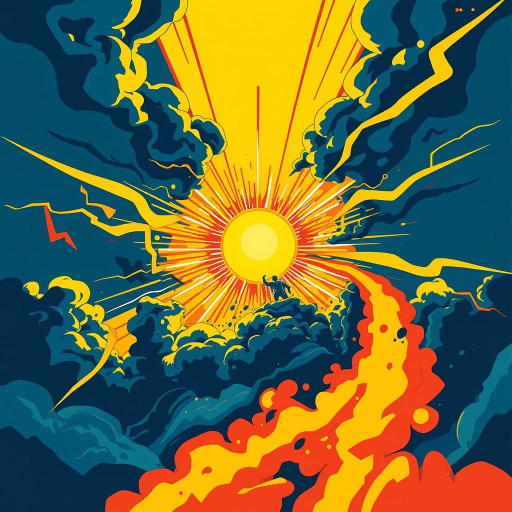 Sun Triumphs Over Stormy Weather in Vibrant, Graphic Style