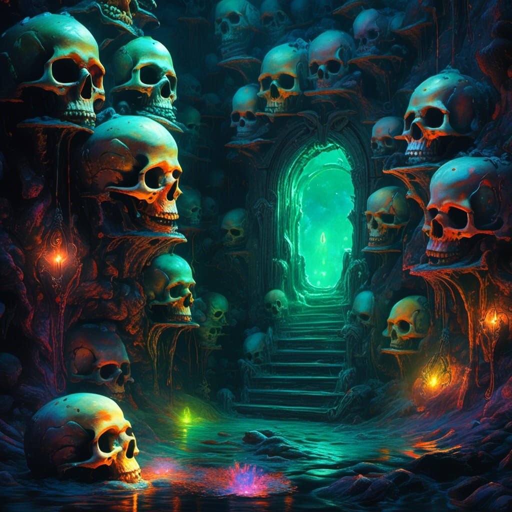 Skulls Guarding Bioluminescent Portal in Graffiti Art Style