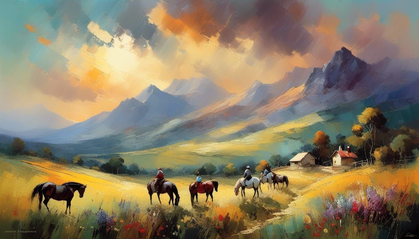 Mountain Meadow Sunset: Vintage Impressionist Horse Painting