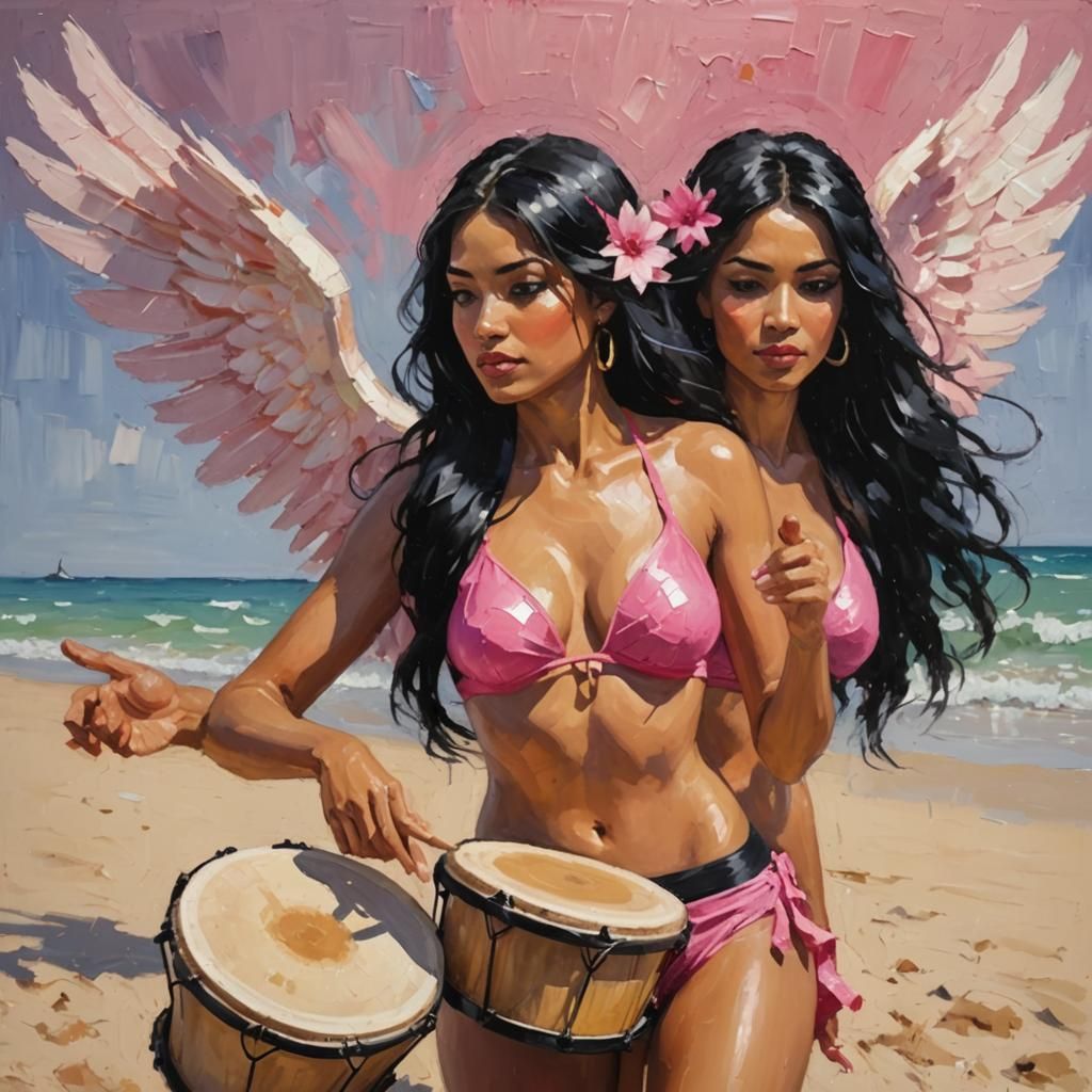Angel Plays Bongos on Beach in Expressionist Style