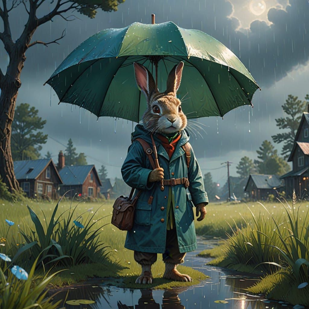 Majestic Rainy Landscape with Rabbit and Umbrella