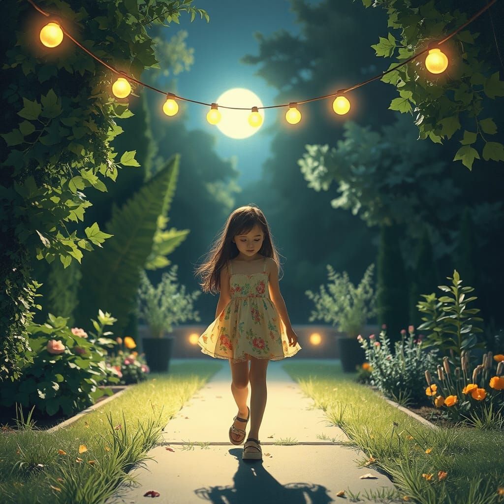 Girl in Sundress Under Twinkling Summer Lights