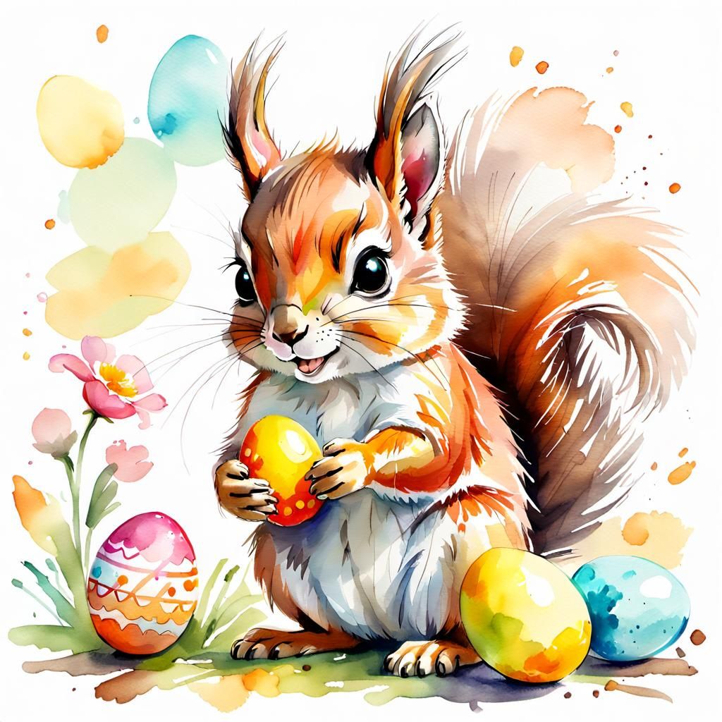 cute smiling chibi squirrel holding an easter egg in his paws