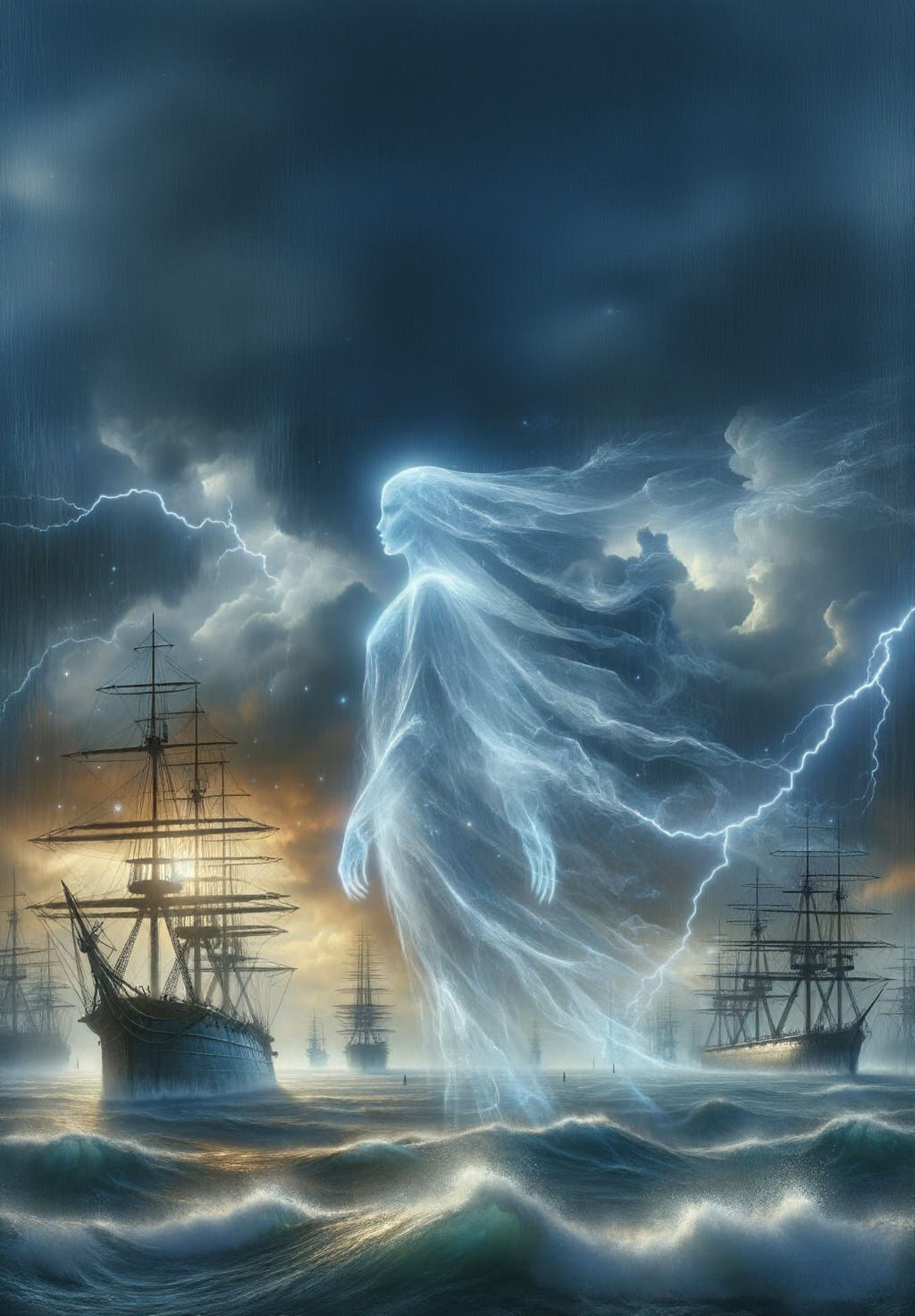 Ethereal Spirit Guiding Ironclad Ships on Stormy Sea