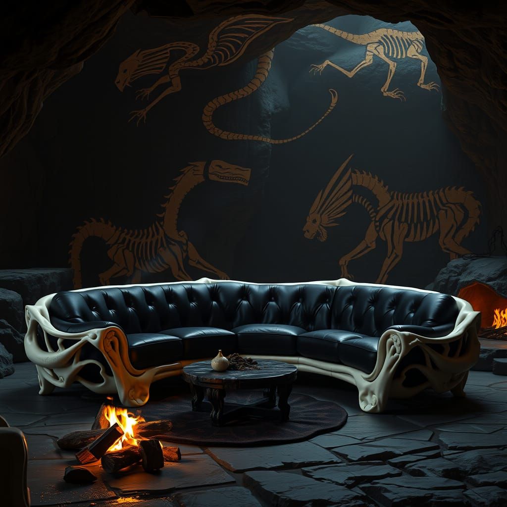 Dark, Luxurious Cave Lair with Macabre Furnishings and Ancie...
