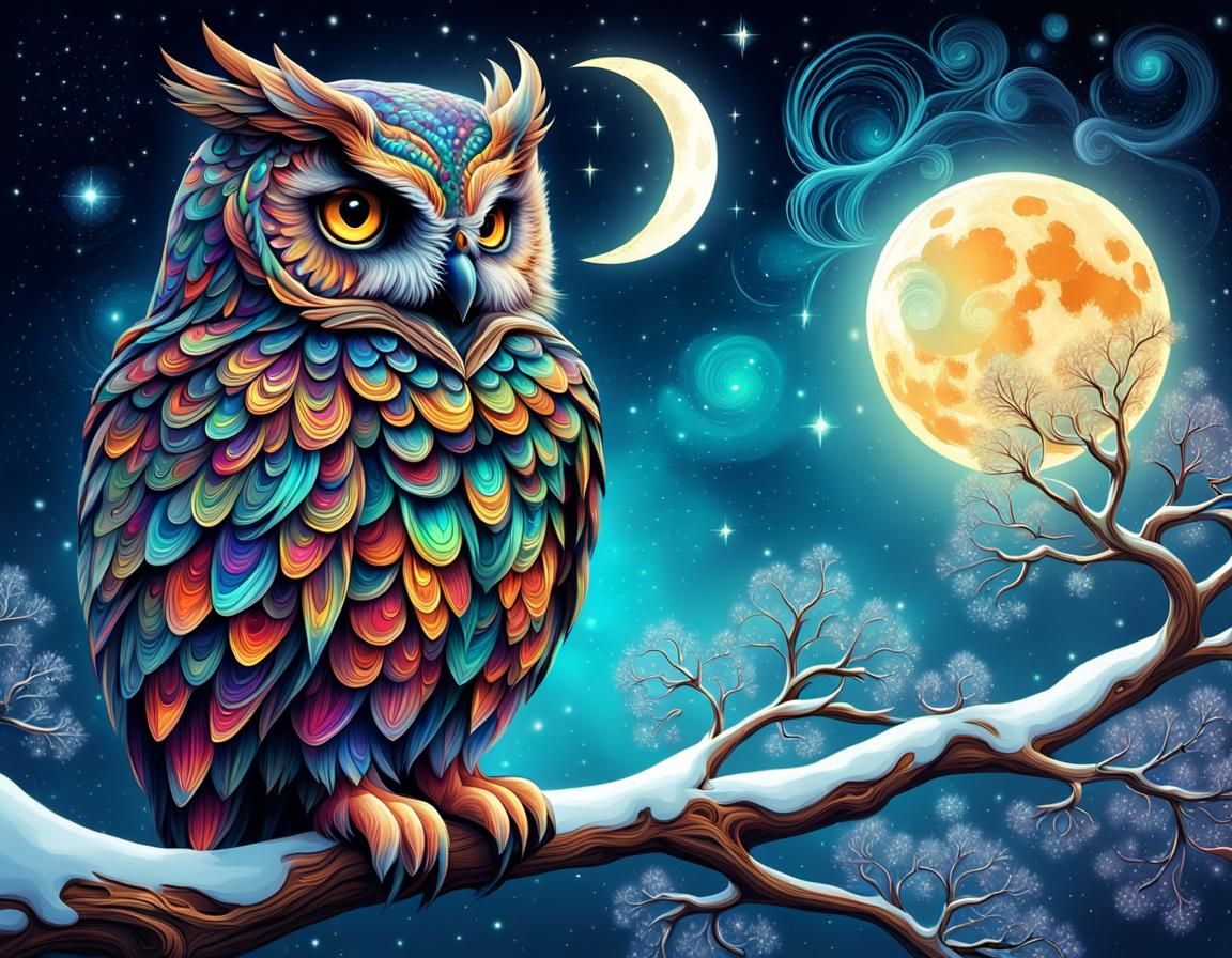 Bioluminescent Owl on Starry Moonlit Branch