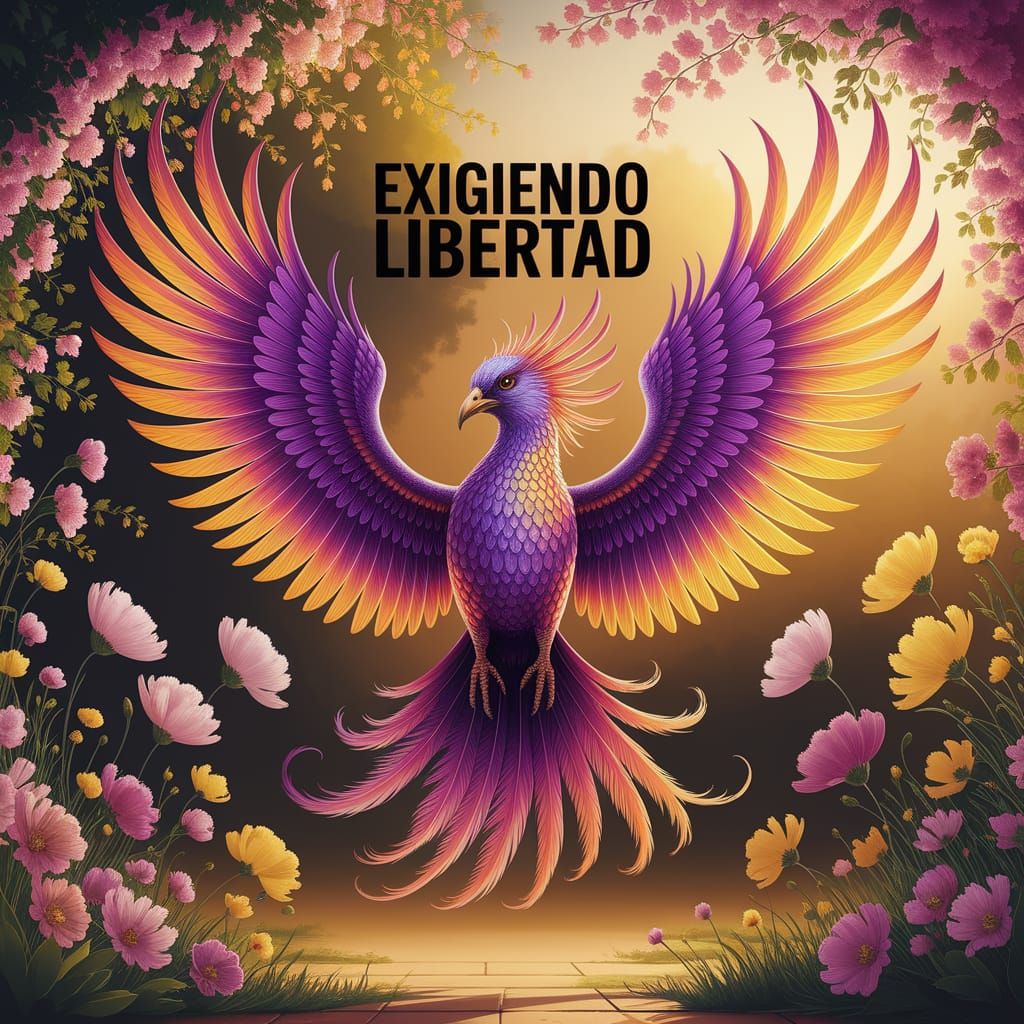 Vibrant Phoenix in a Sunlit Garden Demands Liberty