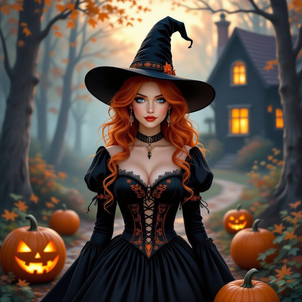 Pretty Witch in Forest with Pumpkins and Haunted House
