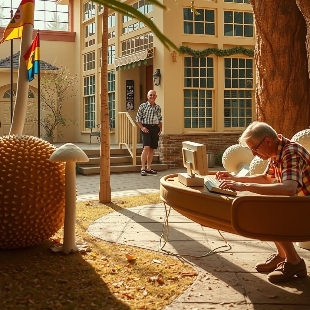 Mushroom Researchers in a Surreal Landscape