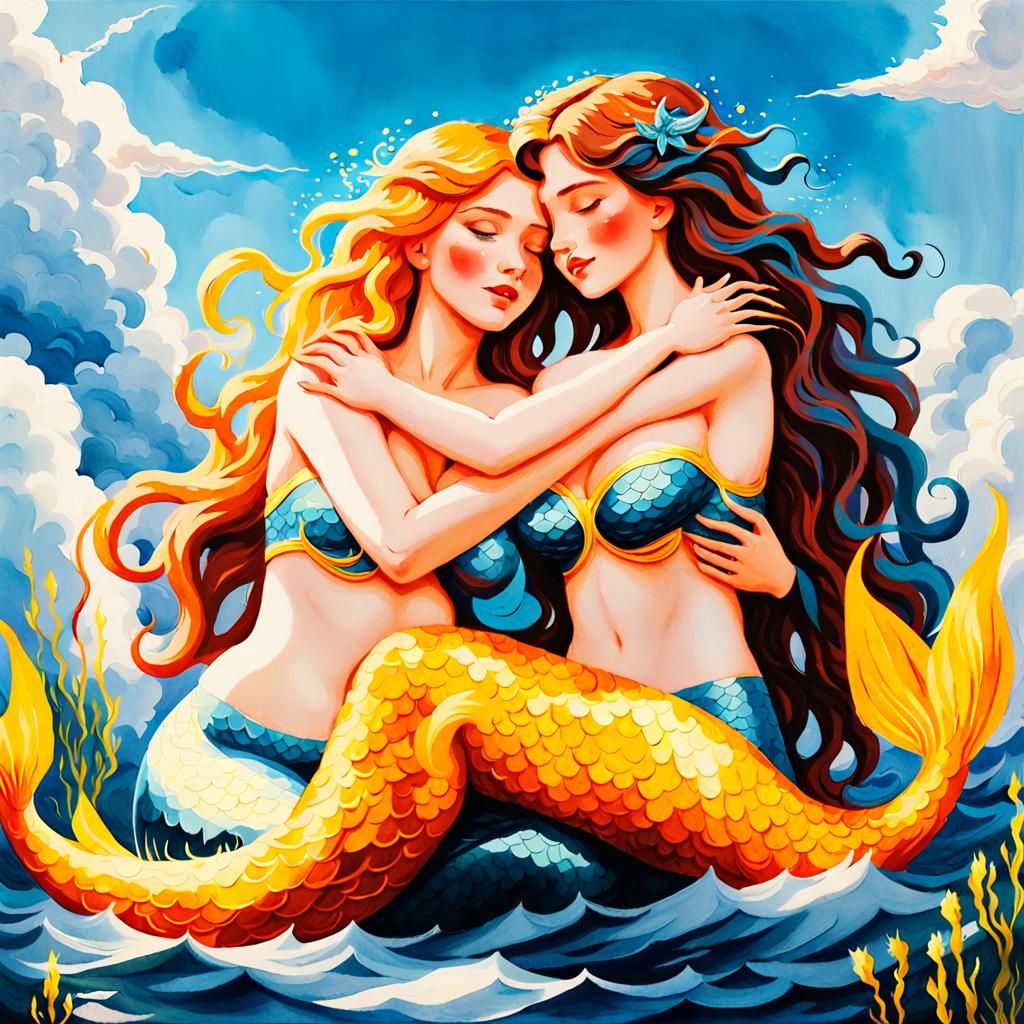Fantasy Mermaids Embracing: Impressionist Gouache-Style Pain...