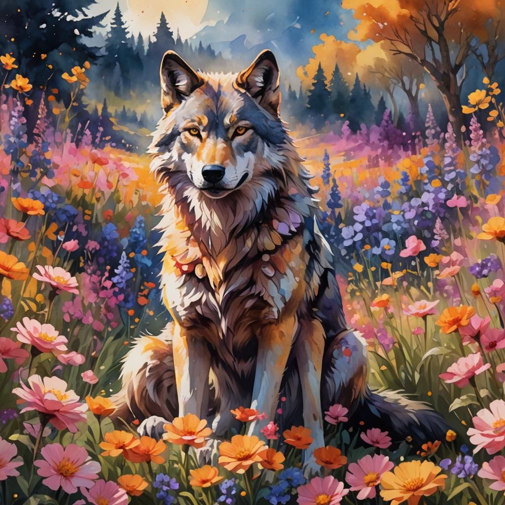 Wolf in Flower Field Watercolor Concept Art