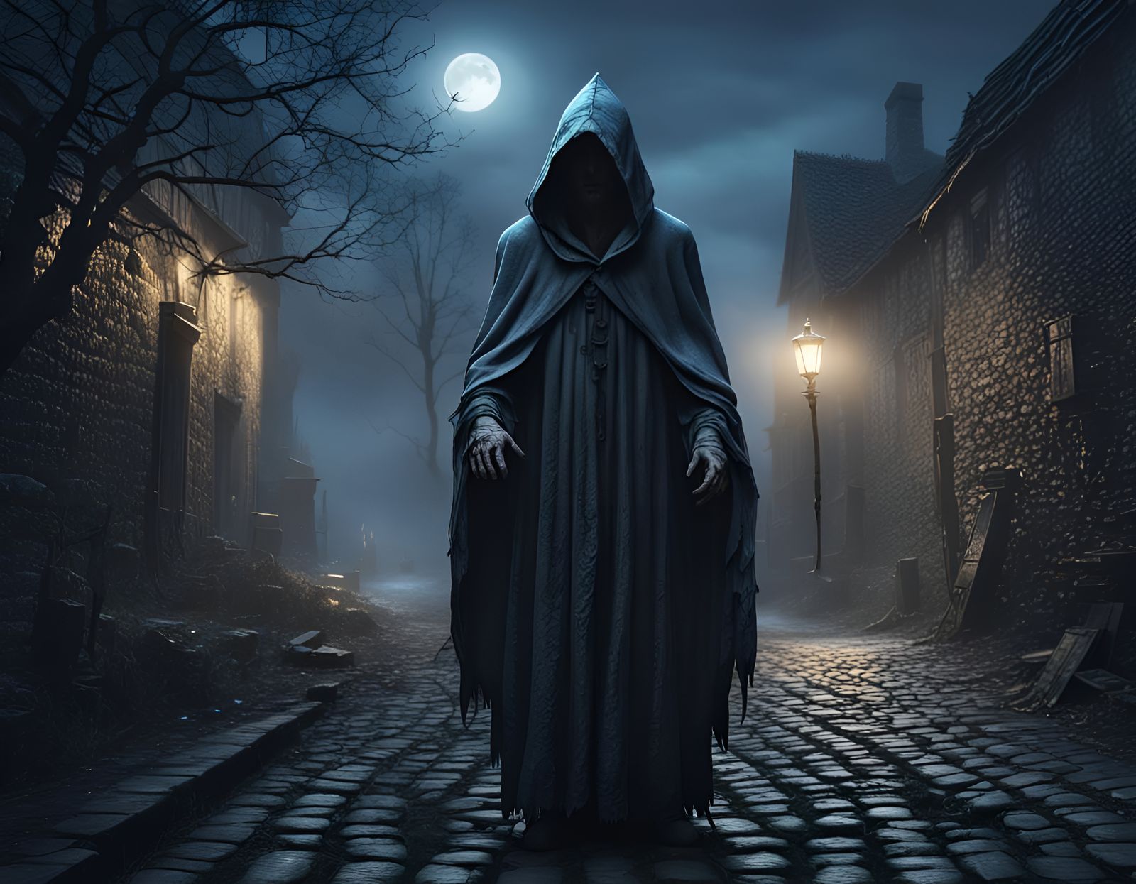 Eerie Ghost in Foggy Village, Dark Fantasy Art