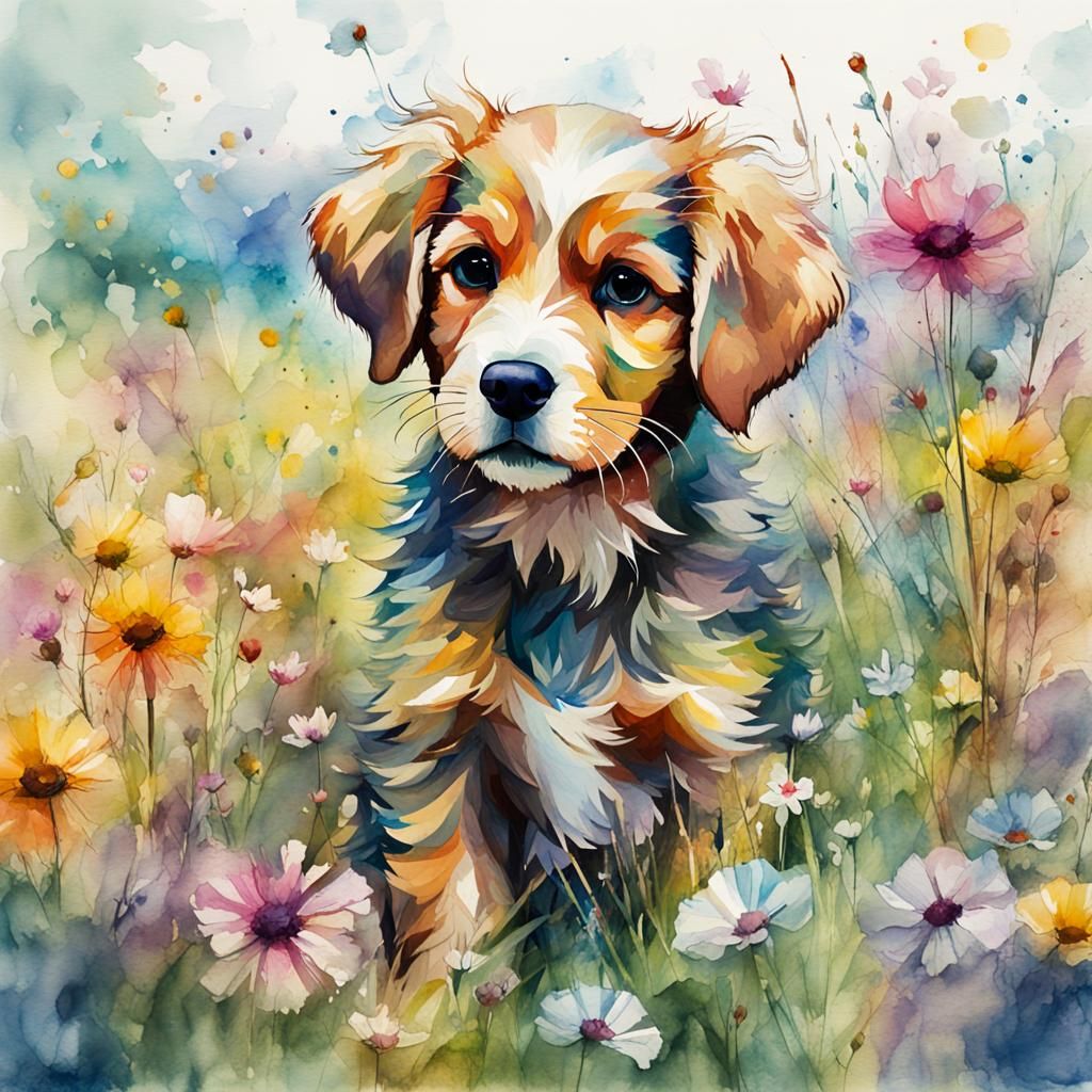 Puppy in Flower Meadow Digital Watercolor Illustration