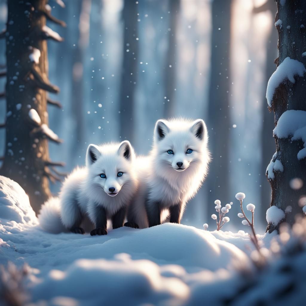 Adorable Arctic Fox Pups Play in Snowy Forest