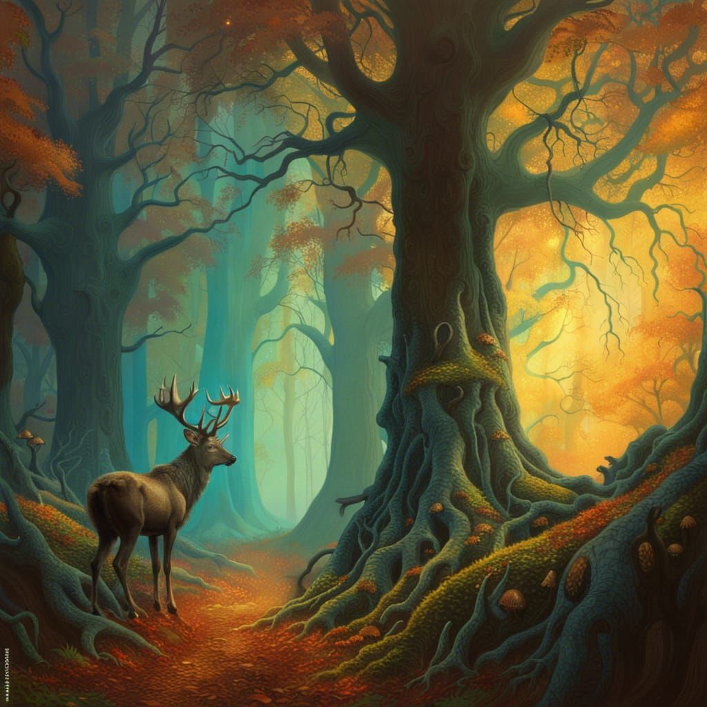 Mystical Stag in Ethereal Autumn Forest