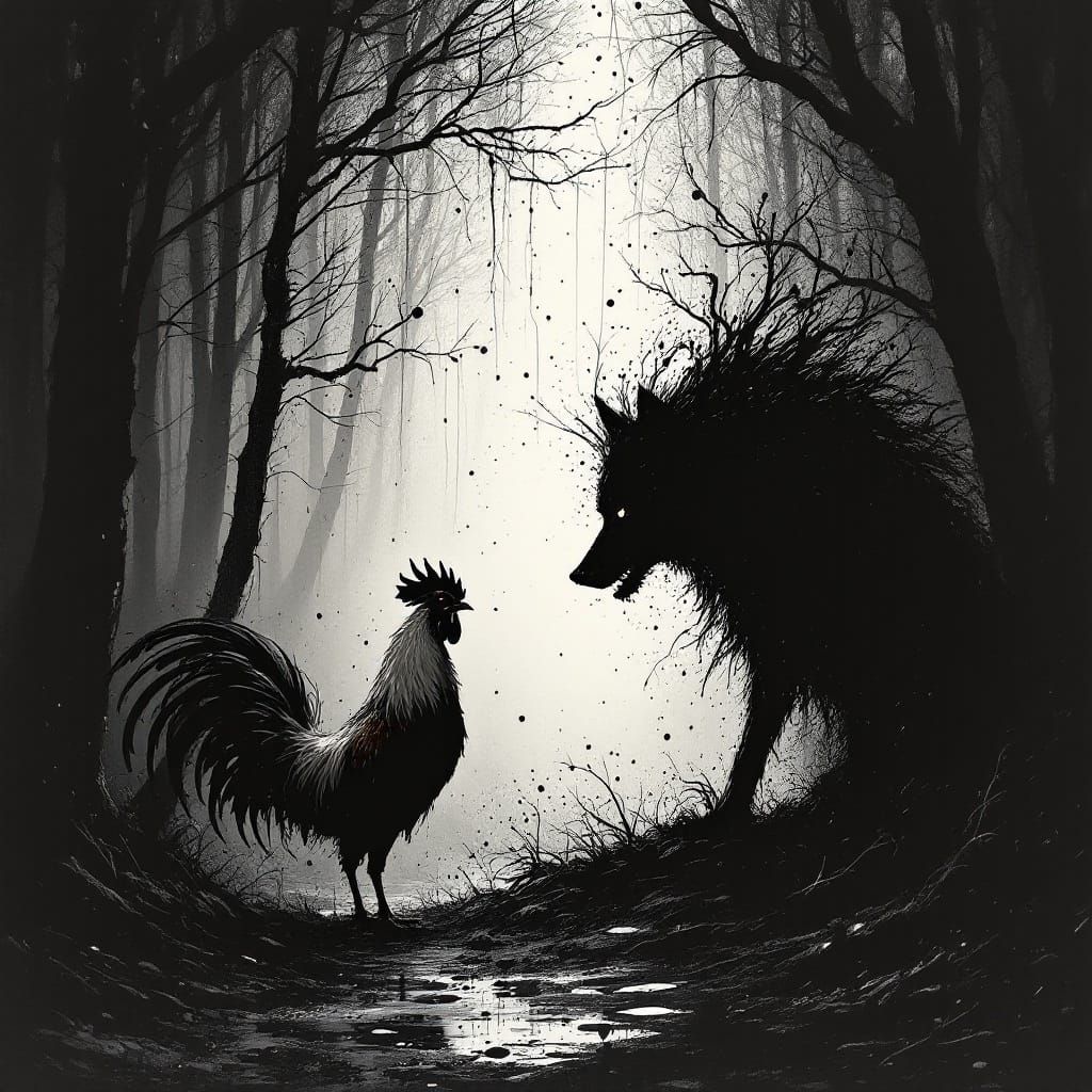 Rooster and Wolf in Steadman-Kollwitz Noir