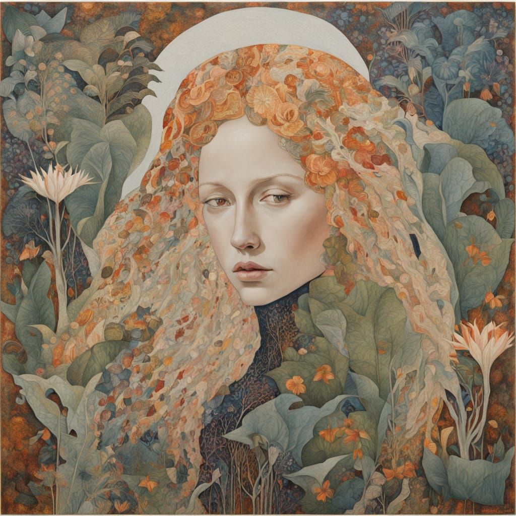 Serene Woman in Nature, Golden Locks and Fritillaria Flowers
