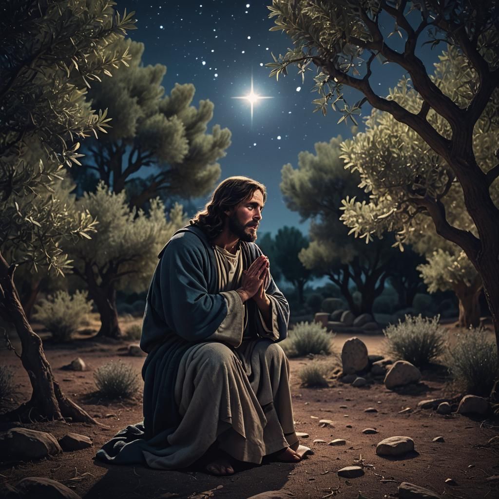 Jesus Praying in Garden at Night: Cinematic Still