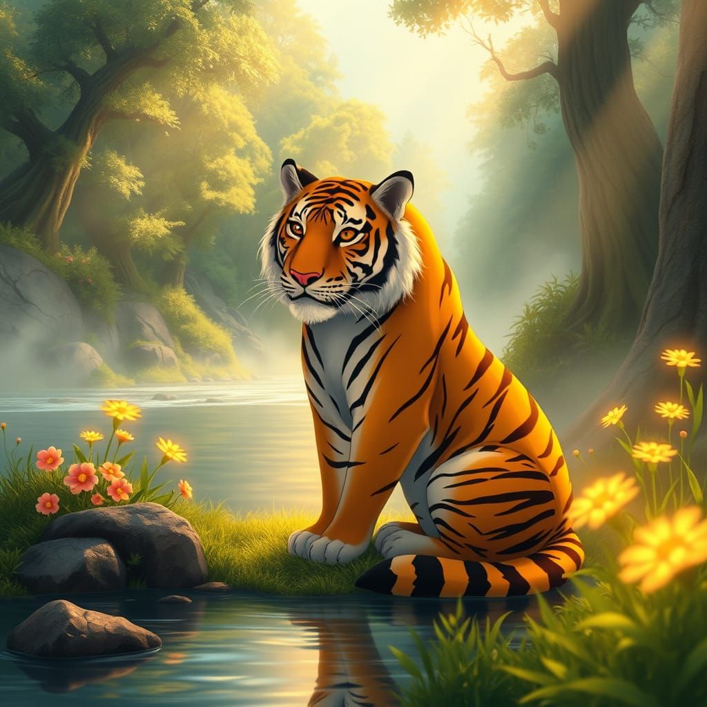Tiger in Enchanted Forest: Ghibli-Inspired Scene