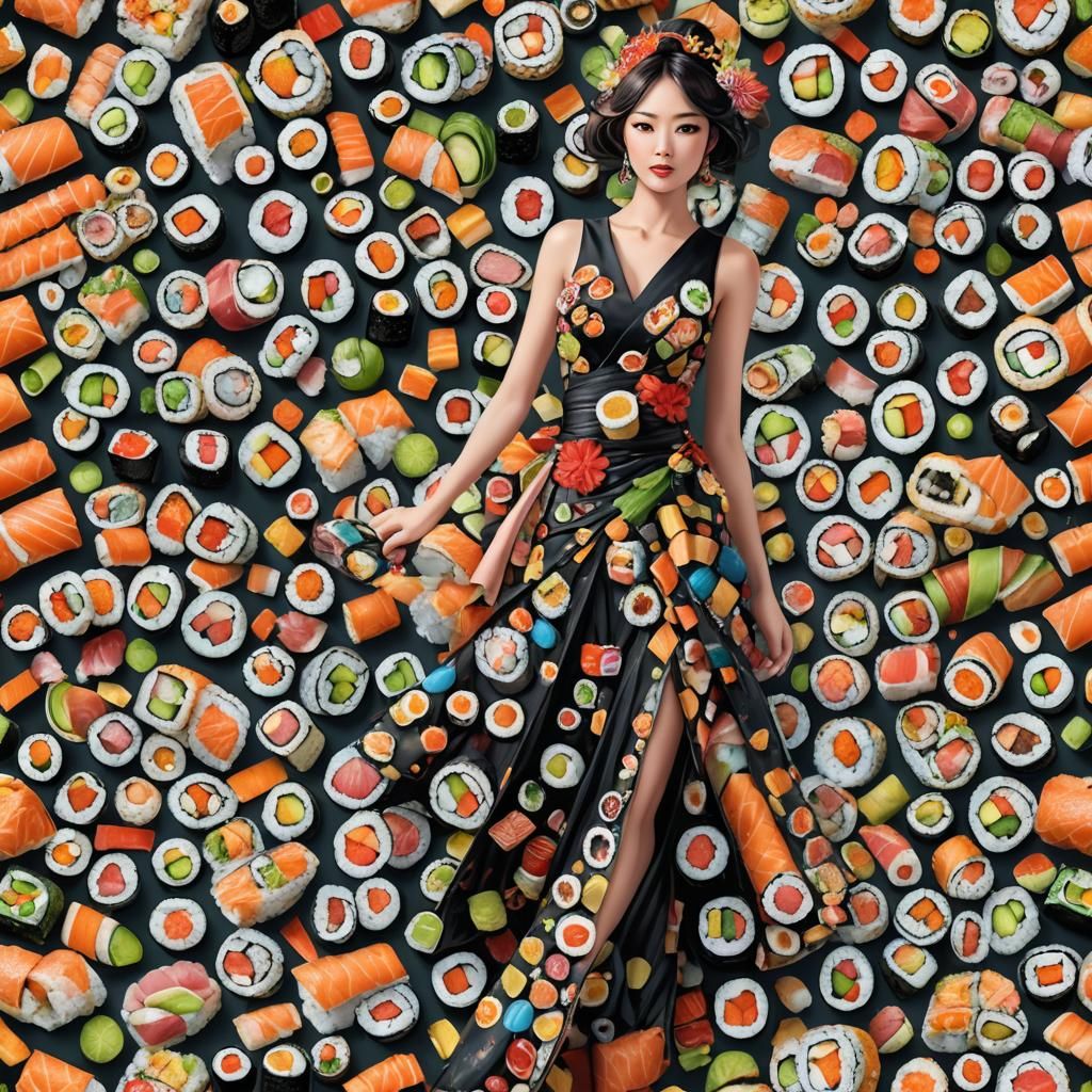 Beautiful woman wearing a long formal dress made out of sush...